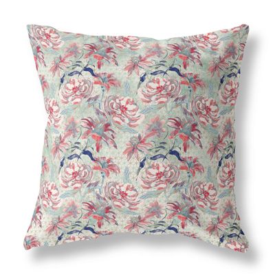 HomeRoots Broadcloth 16 Light Green Red Roses Indoor Outdoor Throw Pillow