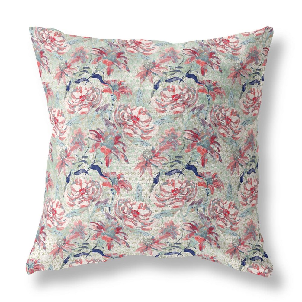 HomeRoots Broadcloth 16 Light Green Red Roses Indoor Outdoor Throw Pillow