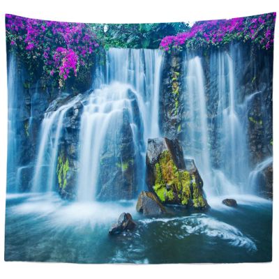 CORFOTO Blue Waterfall Tapestry Nature Forest Landscape Valley Lake Cliff Flower Cascade Waterfall Wonderland Tapestry for Men Bedroom Aesthetic Living Room Dorm Decor Posters 92Wx70H inches Fabric