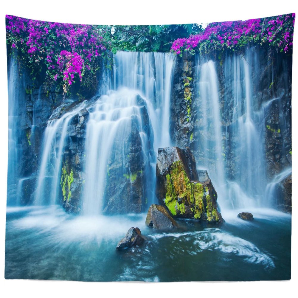 CORFOTO Blue Waterfall Tapestry Nature Forest Landscape Valley Lake Cliff Flower Cascade Waterfall Wonderland Tapestry for Men Bedroom Aesthetic Living Room Dorm Decor Posters 92Wx70H inches Fabric