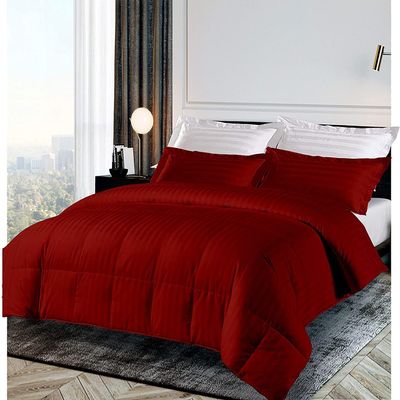 All-Season Down Alternative 5 PCs Box Stitched Stripe Comforter Set Lightweight Egyptian Cotton 500 GSM Fill Olympic Queen | Burgundy Stripe Duvet Insert with 4 Corner Tabs (1 Quilt + 4 Shams)