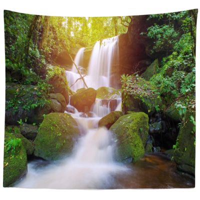 CORFOTO Green Waterfall Tapestry Rocks Creek Nature Green Jungle Sunlight Scenery 3D Waterfall Wall Tapestries for Cool Men Bedroom Living Room College Dorm Decor Wall Art 80Wx60H inches Fabric