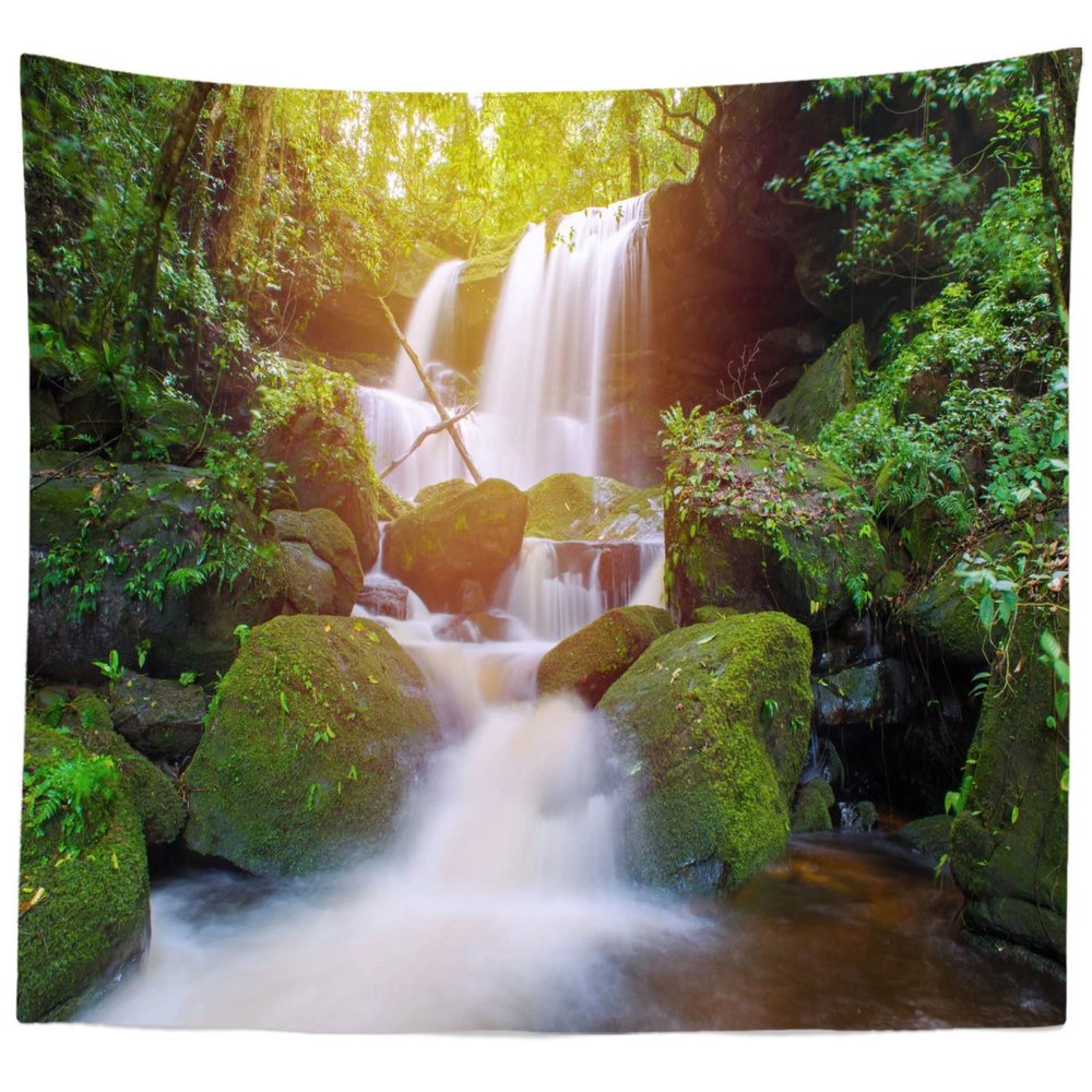 CORFOTO Green Waterfall Tapestry Rocks Creek Nature Green Jungle Sunlight Scenery 3D Waterfall Wall Tapestries for Cool Men Bedroom Living Room College Dorm Decor Wall Art 80Wx60H inches Fabric