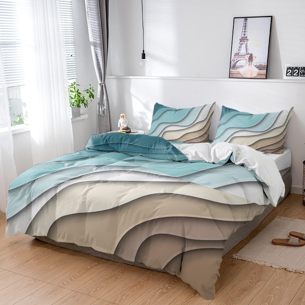 4 Pieces Duvet Cover Bedding Set Cal King Ultra Soft Quilted Luxury Washed Comforter Bedspread Bed Sheet Pillowcases Modern Teal Bule Brown Gradient for Bedroom Decor Geometric Abstract Beach