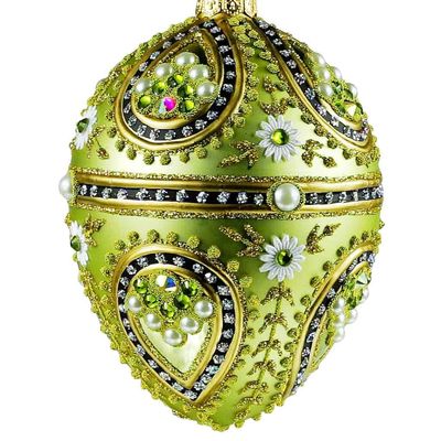 Faberge Style Glass Egg Handmade in Poland, Glass Ornament for a Gift, Olive Matte with Glitter, Glass Stones and Pearls, RS Artisan Gallery Design 166