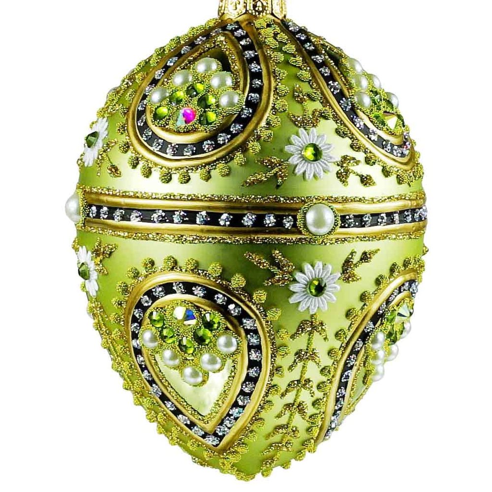 Faberge Style Glass Egg Handmade in Poland, Glass Ornament for a Gift, Olive Matte with Glitter, Glass Stones and Pearls, RS Artisan Gallery Design 166