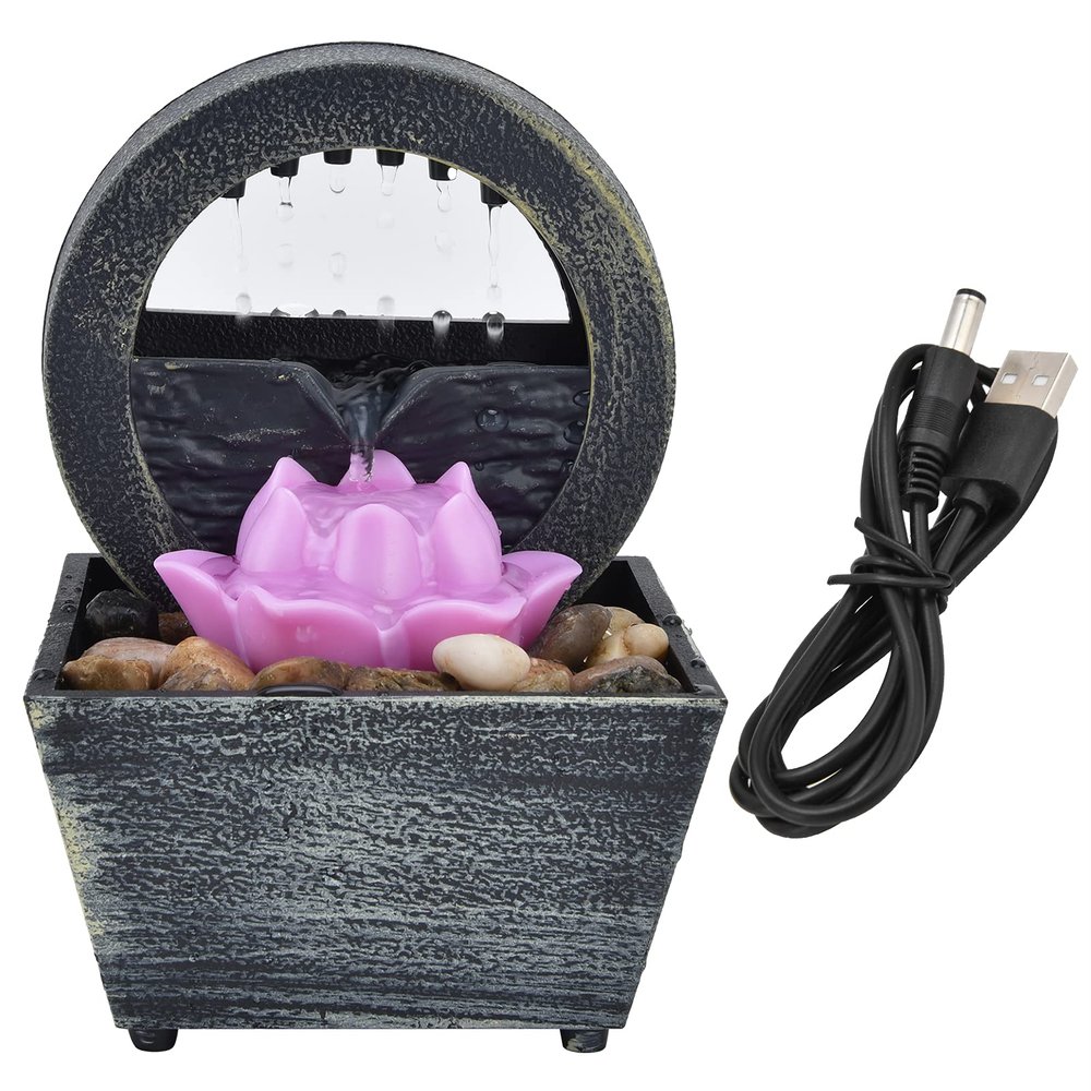 Indoor Water Fountains Lotus Lamp, Illuminated Relaxation Zen Tabletop Fountains Water Feature Feng Shui Ornaments with LED Lights for Home Office Bedroom Decoration