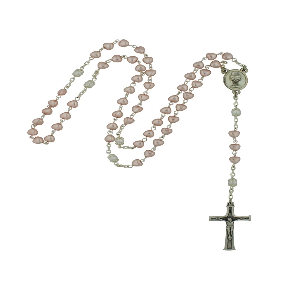 First Holy Communion Rosary for Boys and Girls | Includes Strong Plastic Case | Great Catholic Gift for First Communion | Host and Chalice Centerpiece with Italian Crucifix (Pink Hearts)