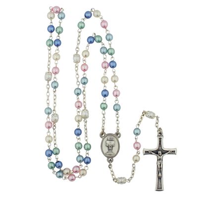 First Holy Communion Rosary for Boys and Girls | Includes Strong Plastic Case | Great Catholic Gift for First Communion | Host and Chalice Centerpiece with Italian Crucifix (Pastel Multicolor)