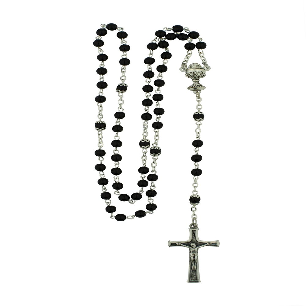 First Holy Communion Rosary for Boys and Girls | Includes Strong Plastic Case | Great Catholic Gift for First Communion | Host and Chalice Centerpiece with Italian Crucifix (Black)