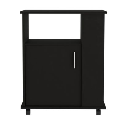 Munich Microwave Cabinet Kitchen Cart with Open Shelf, 3 Side Shelves, Casters, and 2 Interior Shelves, Black