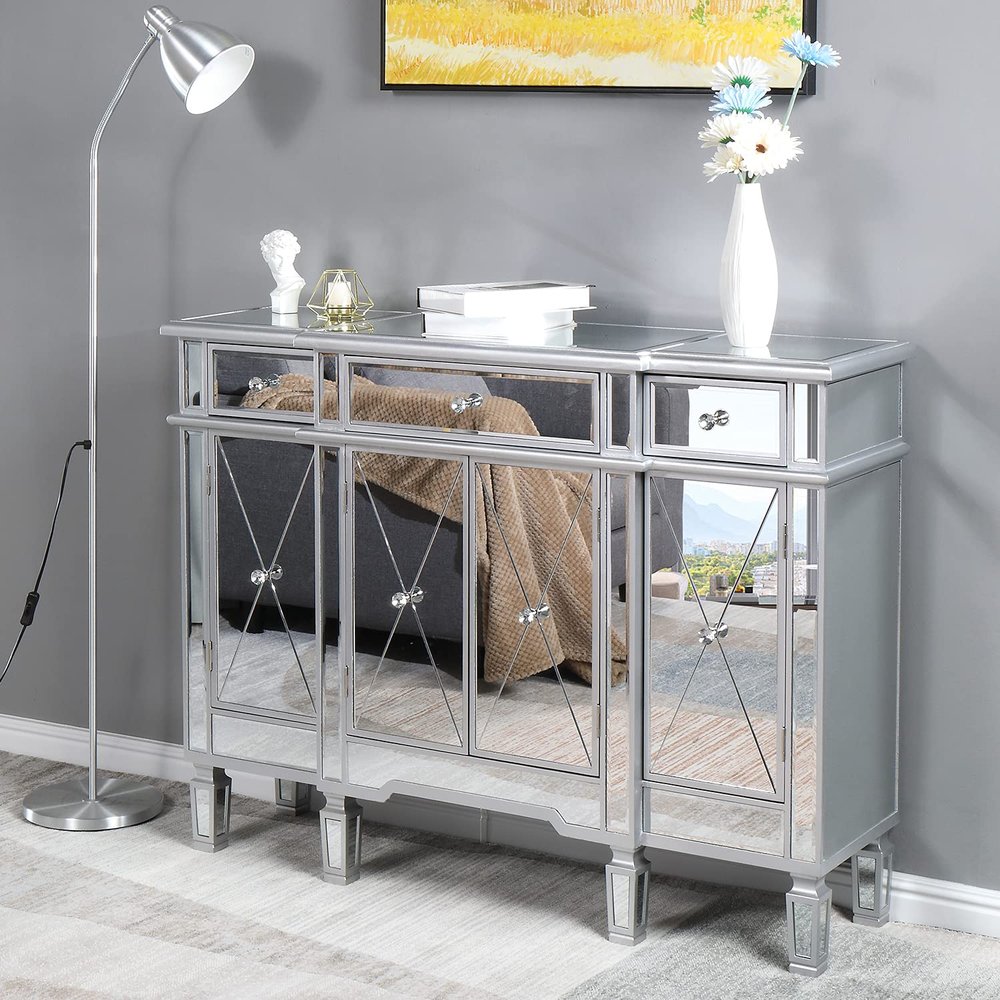VINGLI Mirrored Console Table, Modern Buffet Cabinet/Sideboard/TV Stand with 3 Drawers and 4 Doors (Silver, 48" L x 14" W x 36" H)