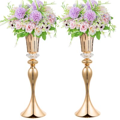 22in Gold Vases for Centerpieces, 2Pcs Metal Tall Trumpet Vases Wedding Reception Centerpieces, Crystal Flower Vase for Table Wedding Party Event Home Decor