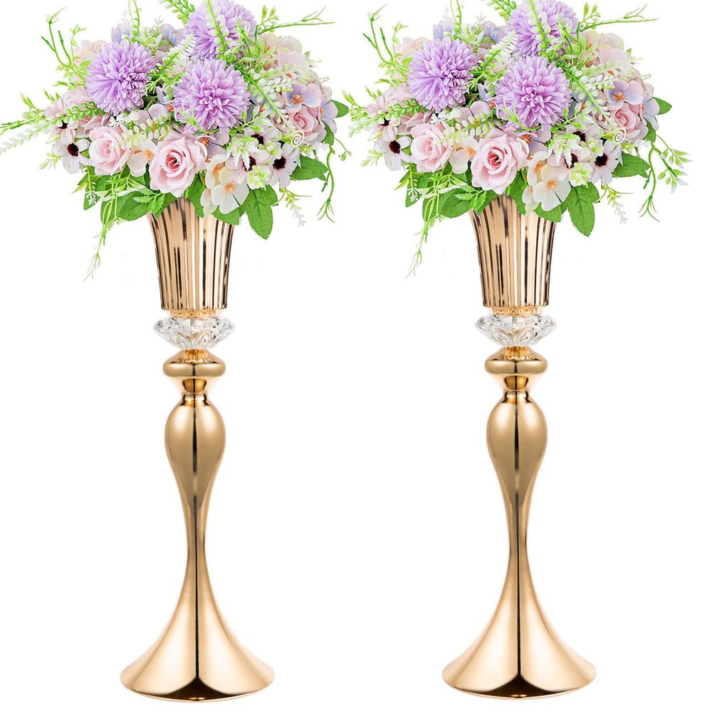 22in Gold Vases for Centerpieces, 2Pcs Metal Tall Trumpet Vases Wedding Reception Centerpieces, Crystal Flower Vase for Table Wedding Party Event Home Decor