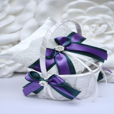 Flower Girl Basket and Ring Bearer Pillow Set in Teal and Purple Color