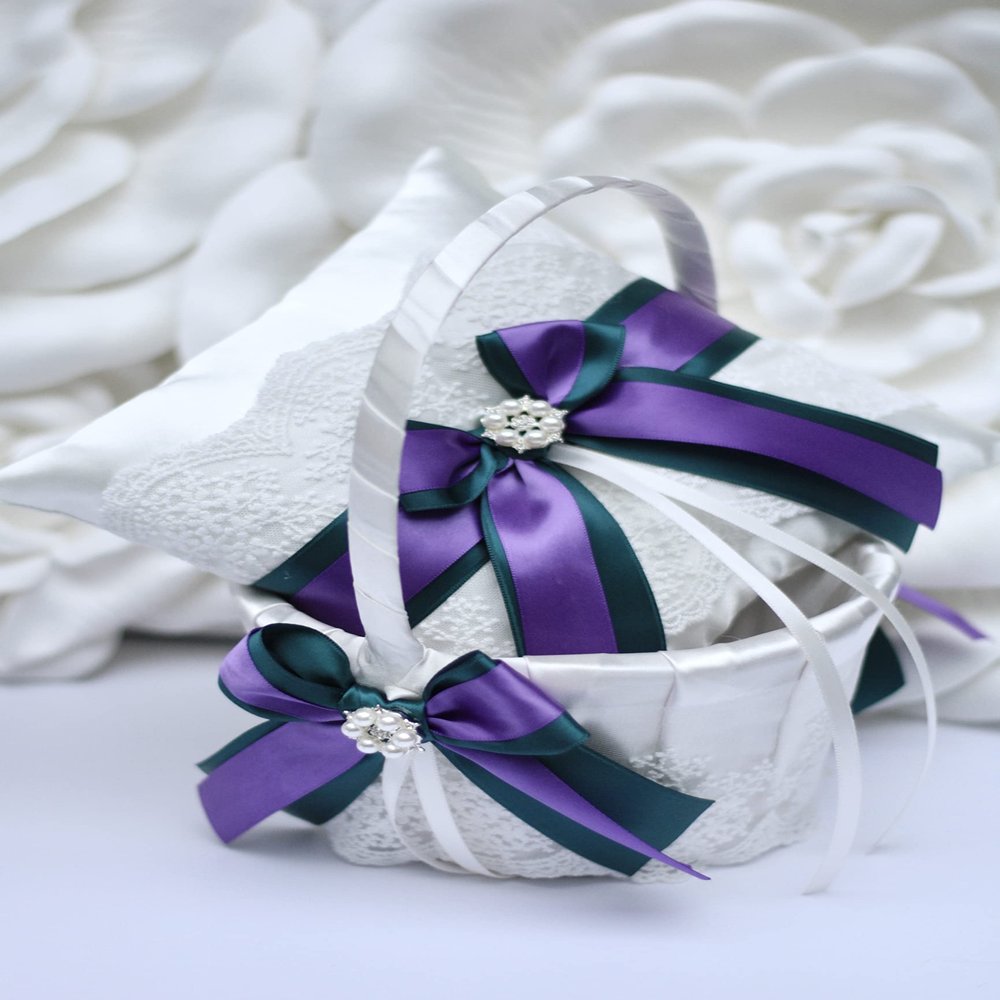 Flower Girl Basket and Ring Bearer Pillow Set in Teal and Purple Color