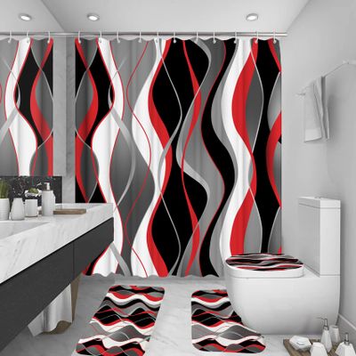 beifivcl 4Pcs Red Shower Curtain Sets with Non-Slip Rugs, Toilet Lid Cover and Bath Mat, Black and Gray Bathroom Decor Set Accessories Fabric Waterproof Shower Curtains with 12 Hooks, 72 x 72 Inch