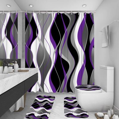 beifivcl 4Pcs Purple Shower Curtain Sets with Non-Slip Rugs, Toilet Lid Cover and Bath Mat, Black and Gray Bathroom Decor Set Accessories Fabric Waterproof Shower Curtains with 12 Hooks, 72 x 72 Inch