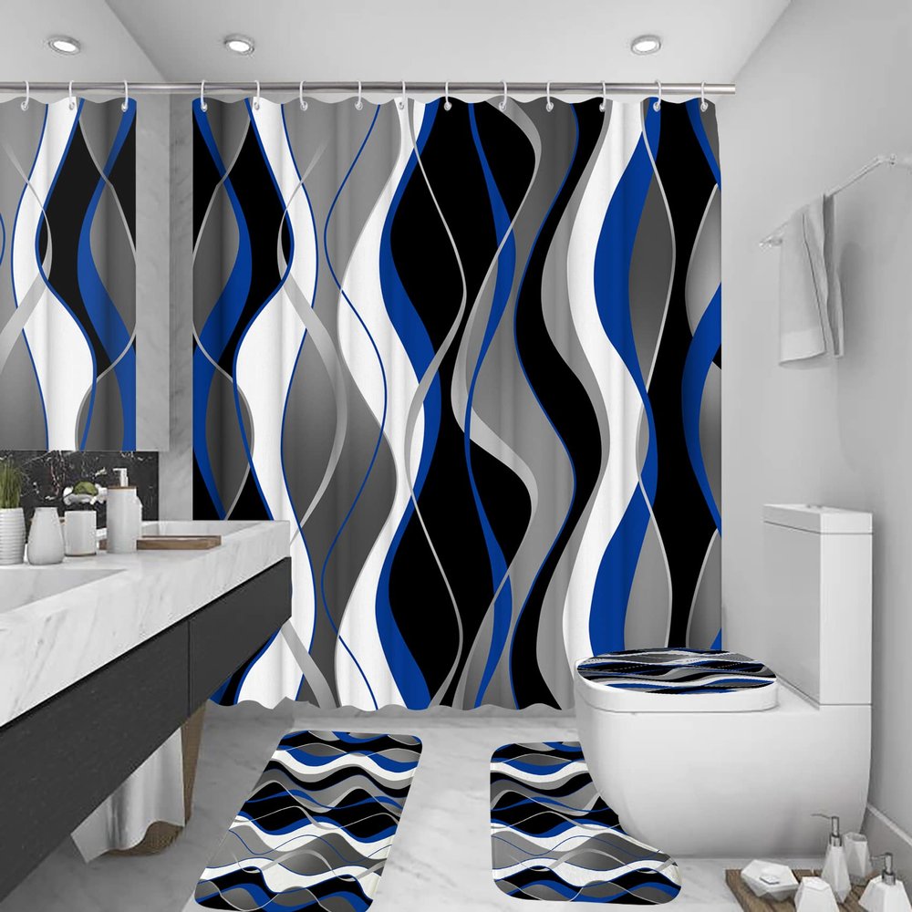 beifivcl 4Pcs Blue Shower Curtain Sets with Non-Slip Rugs, Toilet Lid Cover and Bath Mat, Black and Gray Bathroom Decor Set Accessories Fabric Waterproof Shower Curtains with 12 Hooks, 72 x 72 Inch