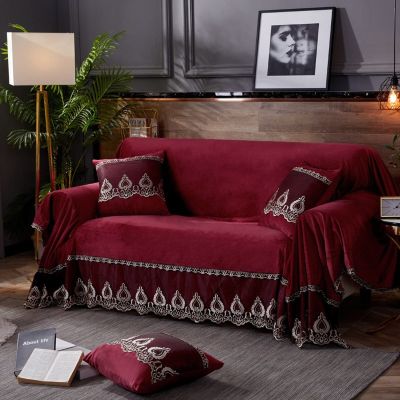 SFYZ HOME Vintage Velvet lace Sofa Cover,Floral Embroidery Soft Sofa slipcover, Solid Color Sofa Towel for loveseat sectional Sofa (red Wine,Oversize (79x150inch))