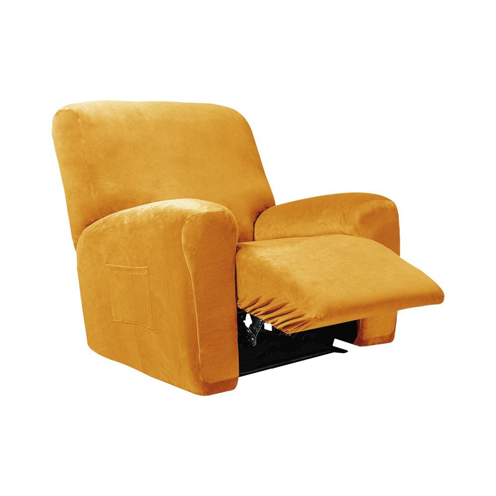4 Pieces Velvet Recliner Chair Cover, Stretch 1 Seat Recliner Sofa Slipcover Soft Anti-Slip Reclining Armchair Cover with Pocket Furniture Protector for Dog Cat (Yellow)