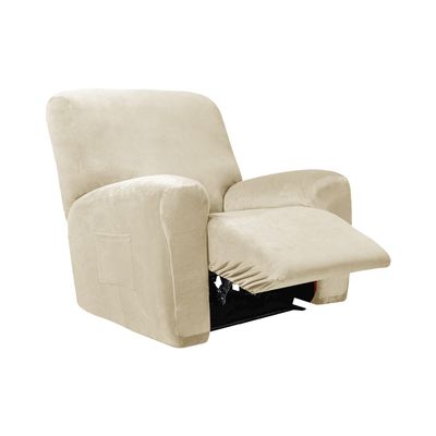 4 Pieces Velvet Recliner Chair Cover, Stretch 1 Seat Recliner Sofa Slipcover Soft Anti-Slip Reclining Armchair Cover with Pocket Furniture Protector for Dog Cat (Beige)