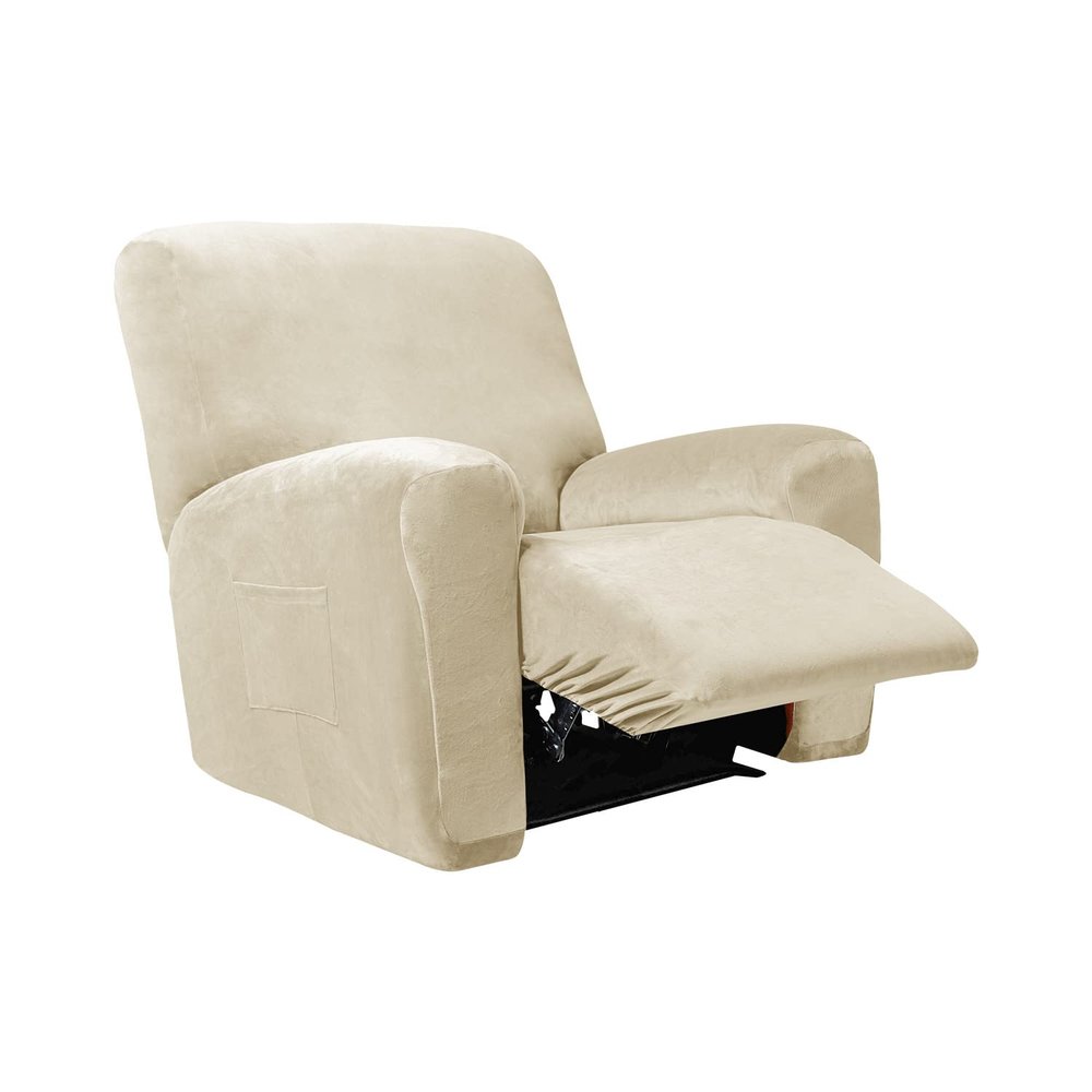 4 Pieces Velvet Recliner Chair Cover, Stretch 1 Seat Recliner Sofa Slipcover Soft Anti-Slip Reclining Armchair Cover with Pocket Furniture Protector for Dog Cat (Beige)