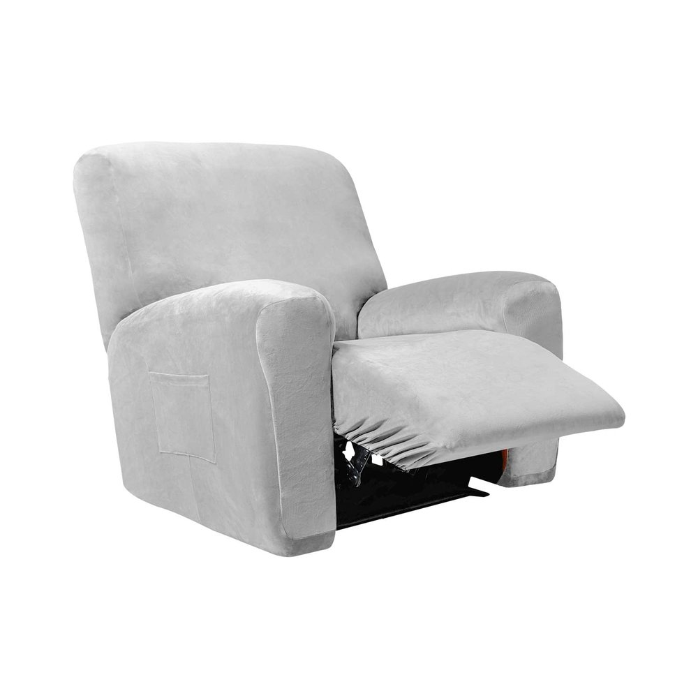 4 Pieces Velvet Recliner Chair Cover, Stretch 1 Seat Recliner Sofa Slipcover Soft Anti-Slip Reclining Armchair Cover with Pocket Furniture Protector for Dog Cat (Light Gray)
