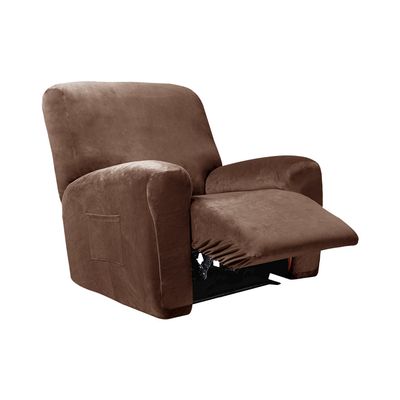 4 Pieces Velvet Recliner Chair Cover, Stretch 1 Seat Recliner Sofa Slipcover Soft Anti-Slip Reclining Armchair Cover with Pocket Furniture Protector for Dog Cat (Brown)