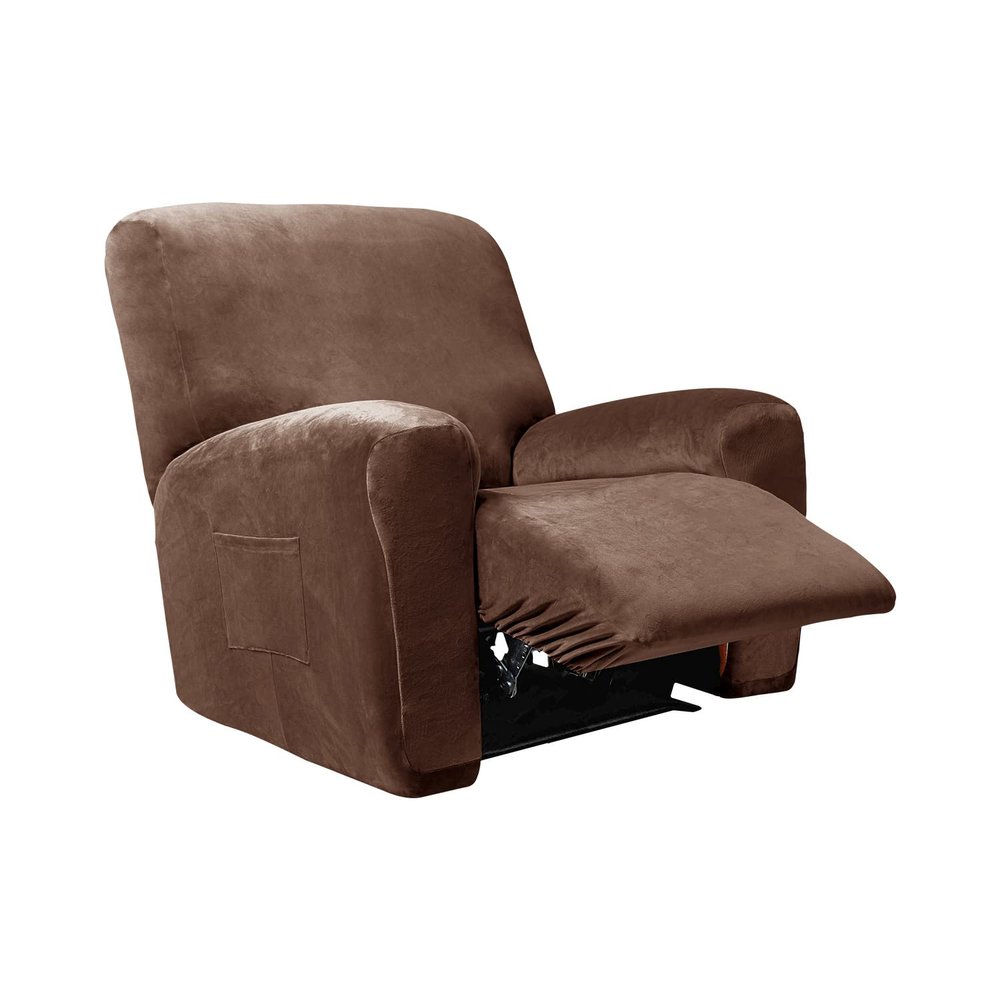 4 Pieces Velvet Recliner Chair Cover, Stretch 1 Seat Recliner Sofa Slipcover Soft Anti-Slip Reclining Armchair Cover with Pocket Furniture Protector for Dog Cat (Brown)