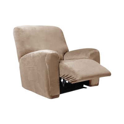 4 Pieces Velvet Recliner Chair Cover, Stretch 1 Seat Recliner Sofa Slipcover Soft Anti-Slip Reclining Armchair Cover with Pocket Furniture Protector for Dog Cat (Khaki)