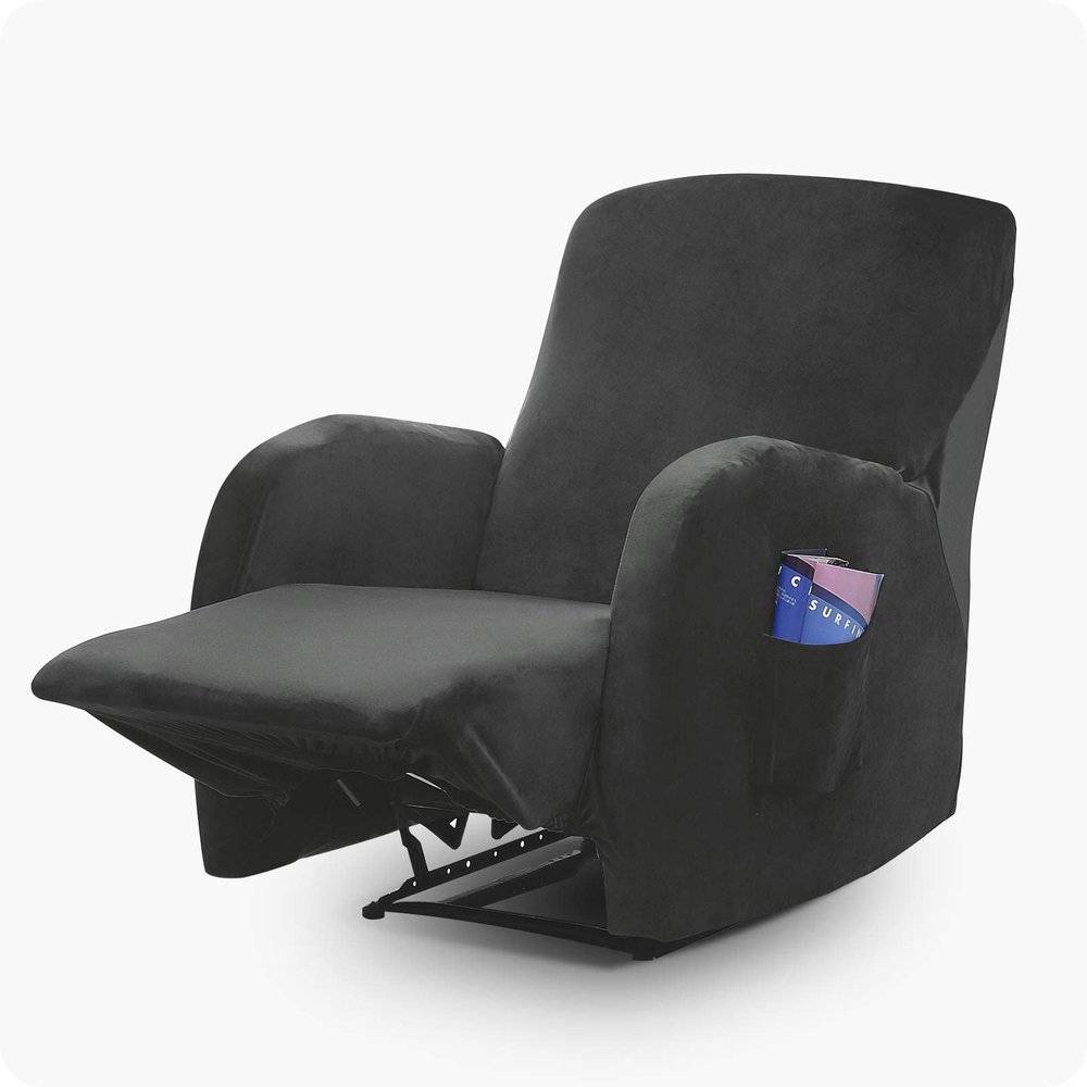4 Pieces Velvet Recliner Chair Cover, Stretch 1 Seat Recliner Sofa Slipcover Soft Anti-Slip Reclining Armchair Cover with Pocket Furniture Protector for Dog Cat (Dark Gray)