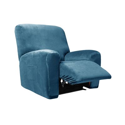 4 Pieces Velvet Recliner Chair Cover, Stretch 1 Seat Recliner Sofa Slipcover Soft Anti-Slip Reclining Armchair Cover with Pocket Furniture Protector for Dog Cat (Blue)