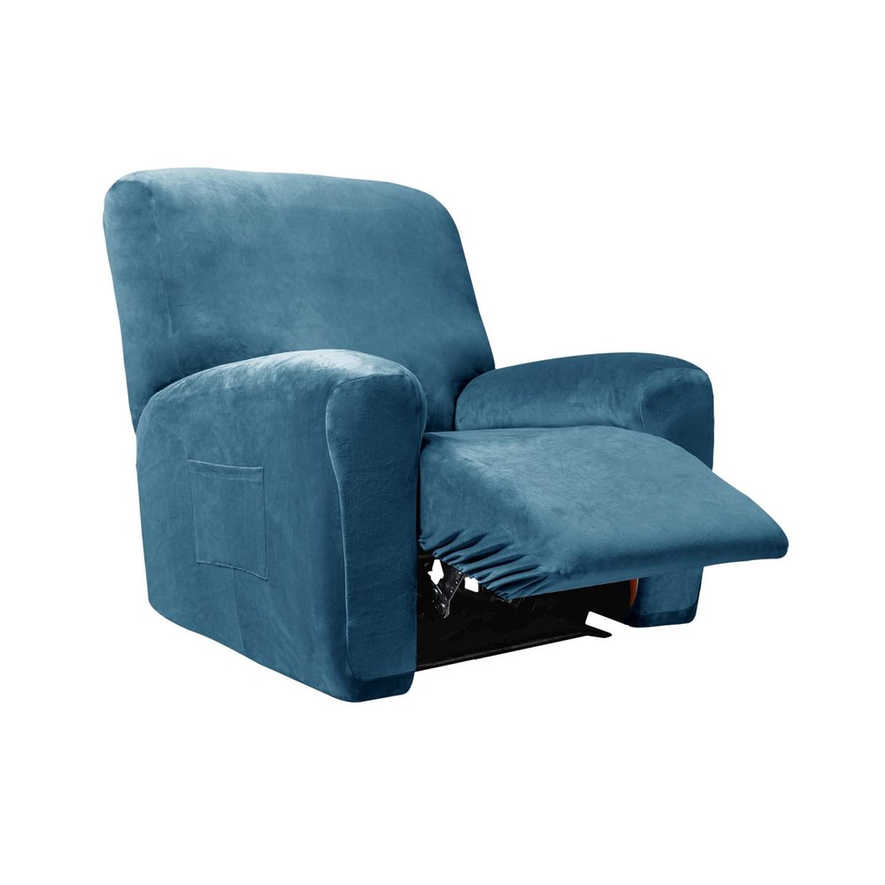 4 Pieces Velvet Recliner Chair Cover, Stretch 1 Seat Recliner Sofa Slipcover Soft Anti-Slip Reclining Armchair Cover with Pocket Furniture Protector for Dog Cat (Blue)