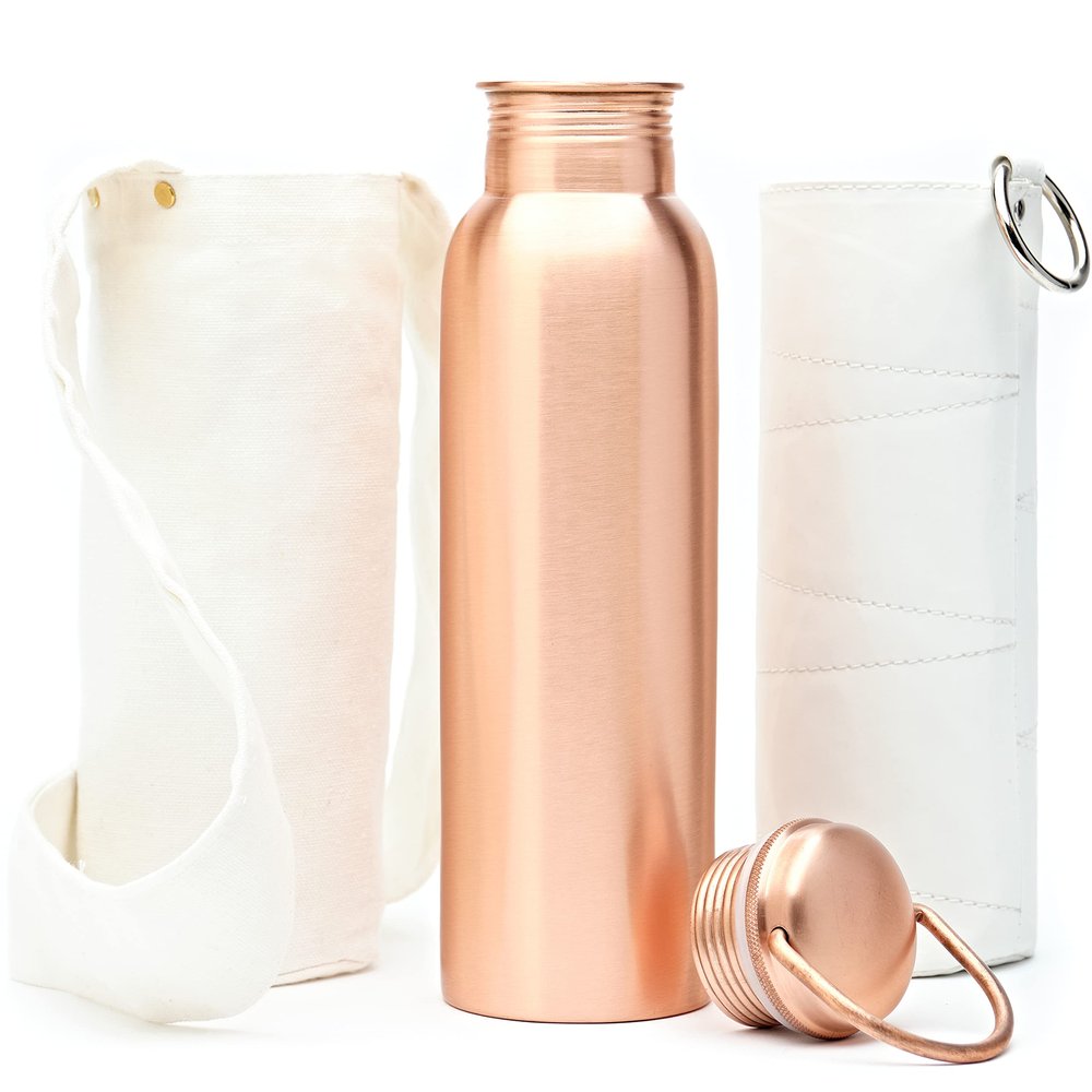 Kitchen Science Ayurvedic 34oz Copper Water Bottle with Canvas Bag & Sleeve Leak-Proof Drinking Bottle
