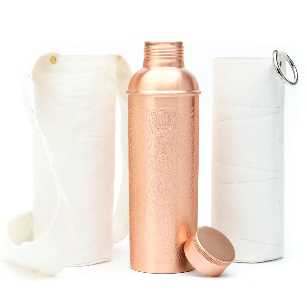 Kitchen Science Ayurvedic 34oz Copper Water Bottle with Canvas Bag & Sleeve Leak-Proof, Lab-Tested, Designer Drinking Bottle