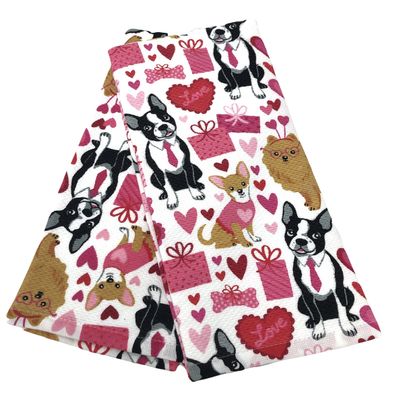 Artesian 2 Super Cute Puppy Love Dogs Plush Pink Hearts, Gift wrap Bones, Boxer, Chihuahua, Poodle 2-PK 100% Kitchen Hand Towels
