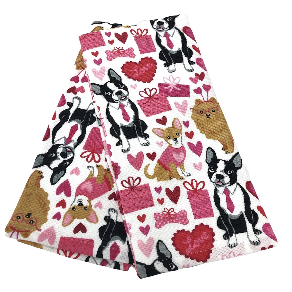 Artesian 2 Super Cute Puppy Love Dogs Plush Pink Hearts, Gift wrap Bones, Boxer, Chihuahua, Poodle 2-PK 100% Kitchen Hand Towels