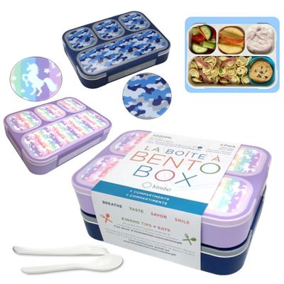 kinsho Bento-Box Lunch-Box Kids, Meal Boxes And Snack Containers For Boys & Girls For School, Includes Utensils, Bpa Free (Purple Rainbow Unicorn + Blue Black Camo, 2 Pack Set)
