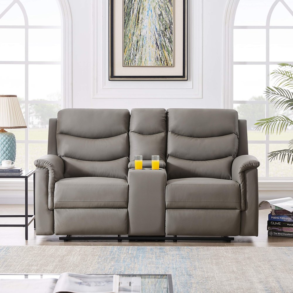 7QIAU Faux Leather Upholstered Modern Sofa Bed for Compact Living Space, Apartment, Dorm, Bonus Room 2 Cupholders, Oversized