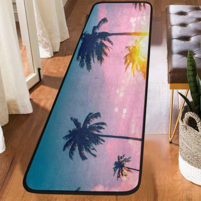 Tropical Palm Tree Landscape Rugs Non Slip Rubber Backing Heavy Duty Mat for Kitchen, Bathroom,Floor Home, Easy Cleaning Kitchen RugBeautiful Sunset Carpet Runner (6' x 2')