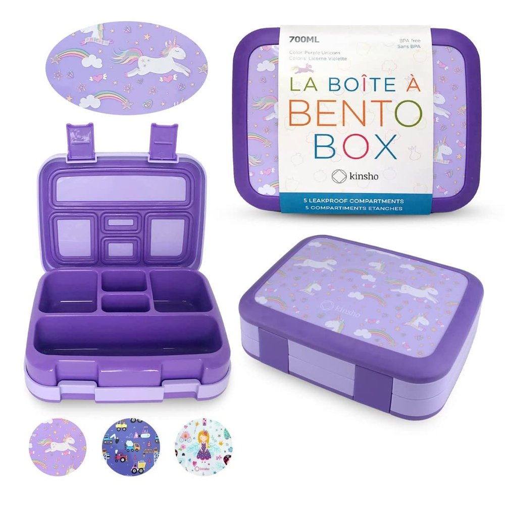 Bento Box Lunch Boxes for Toddlers Kids Girls, 5 Portion Sections Secure Lid, BPA Free Removable Tray, Pre-School Kid Daycare Lunches Snack Container Ages 3 to 5, Loncheras Para Nias, Purple Unicorn