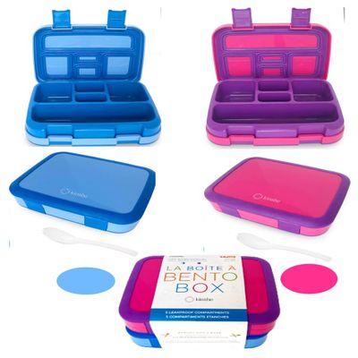 kinsho Bento Lunch Box for Kids Toddlers Boys Girls, 5 Portion Sections Secure Lid, Microwave Safe BPA Free Removable Tray, Pre-School Kid Daycare Lunches Snack Container, Blue & Pink Purple 2 pack