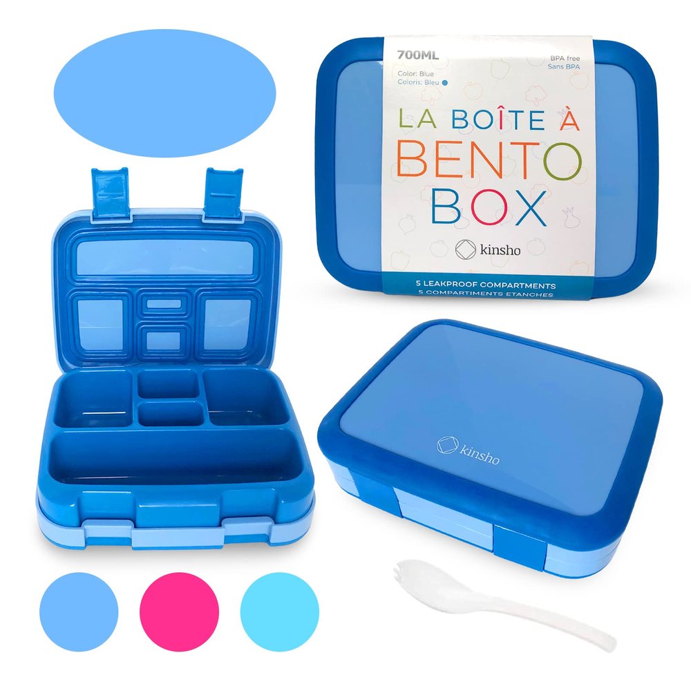 kinsho Bento Lunch Box for Kids Toddlers Boys, 5 Portion Sections Secure Lid, Microwave Safe BPA Free Removable Tray, Pre-School Kid Daycare Lunches Snack Container Ages 3 to 5, Blue