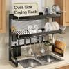3 Tier Extra Large Stainless Steel Expandable Over The Sink Dish Drainer Drying Rack, Rust Proof Metal, Space Saving, Modern Black Big Capacity Extendable Plate Strainers Above Kitchen Counter view 1