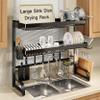 3 Tier Extra Large Stainless Steel Expandable Over The Sink Dish Drainer Drying Rack, Rust Proof Metal, Space Saving, Modern Black Big Capacity Extendable Plate Strainers Above Kitchen Counter view 1