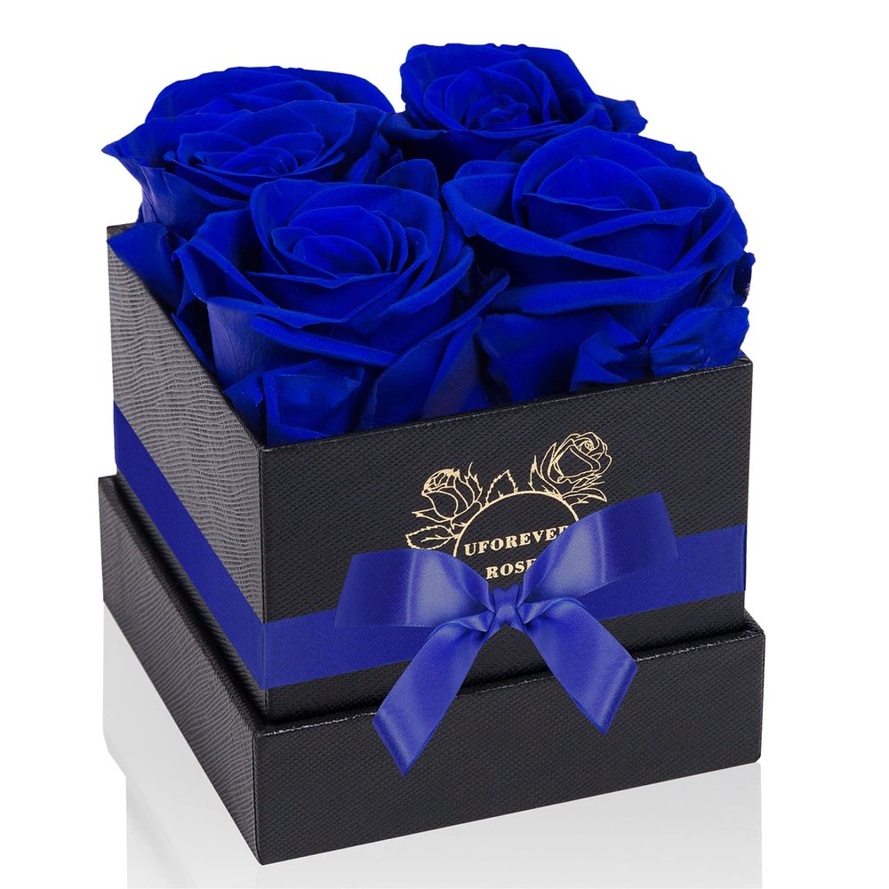 UFOREVER ROSES 4-Piece Preserved Roses in a Box, Preserved Flowers, Roses Gift for Her, Royal Blue