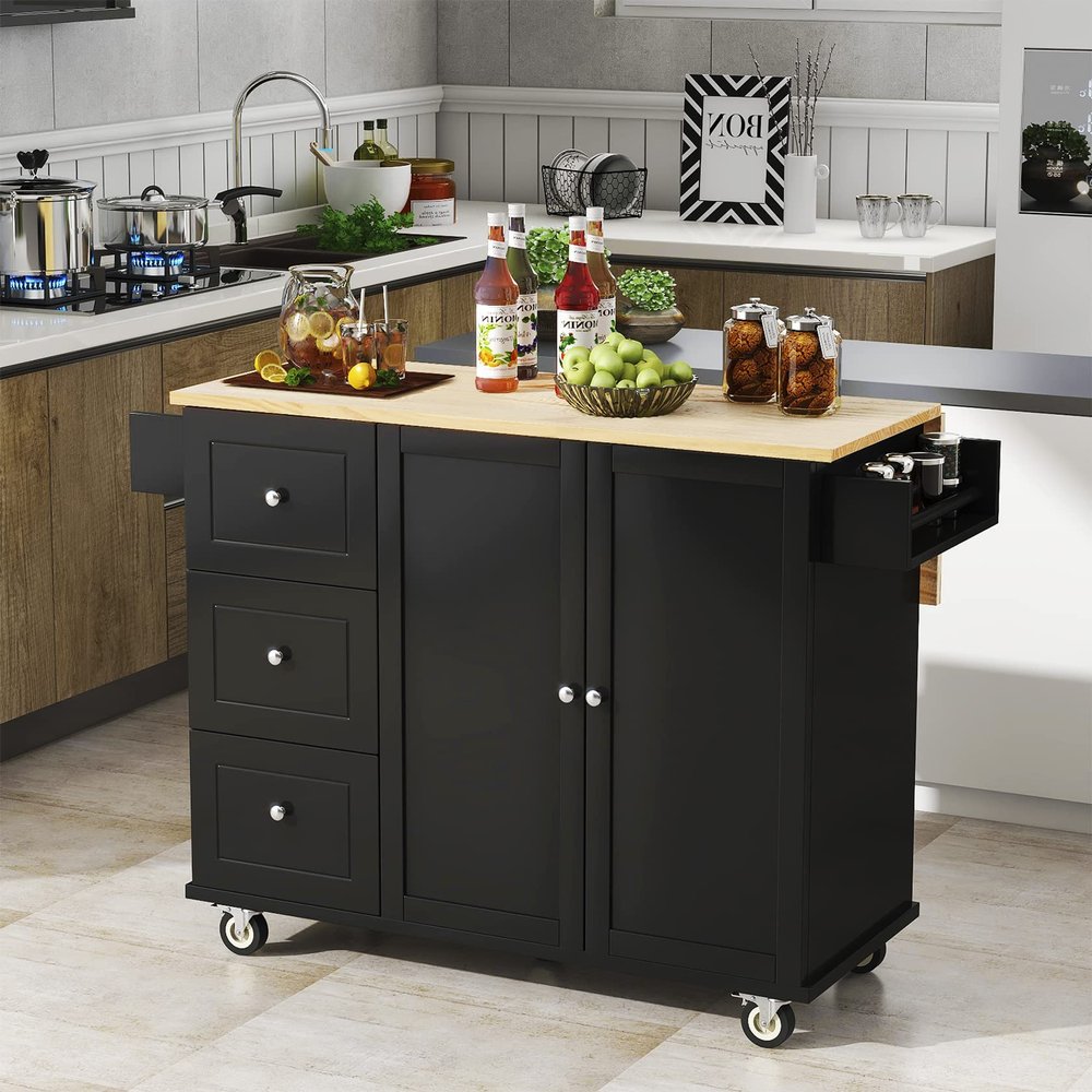 SECARUS Kitchen Island on Wheels Mobile Kitchen Cart with Solid Wood Top, Storage Drawers,Tower Rack, Cabinets,Spice Rack,Wine Rack,Lockable Wheels (Black)