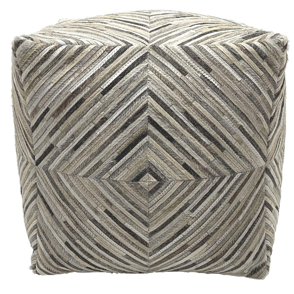 LOOMINAIRE Handmade Pouf/Footstool Masai Diamond Made of Leather Easy Maintenance for Living Room Bed Room Family Room (18"x18"x18") (Silver - Natural)