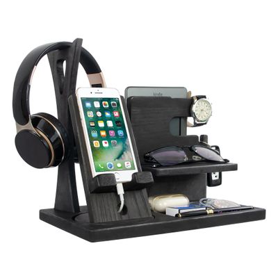 Gift for Men Nightstand Organizer with Headphone Stand & Rotating Phone Stand, Stylish Headphone Holder to Keep Desk Accessories for Men Organized, Unique Dad Birthday Gift, Gifts for Boyfriend